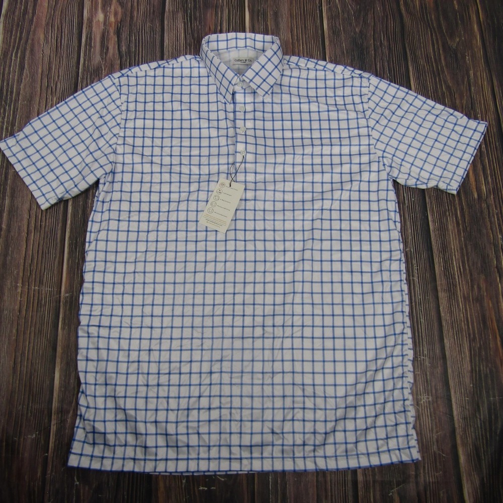 Collars & Co Polo Shirt Mens XL White Check Dress Collar Golf Performance Top